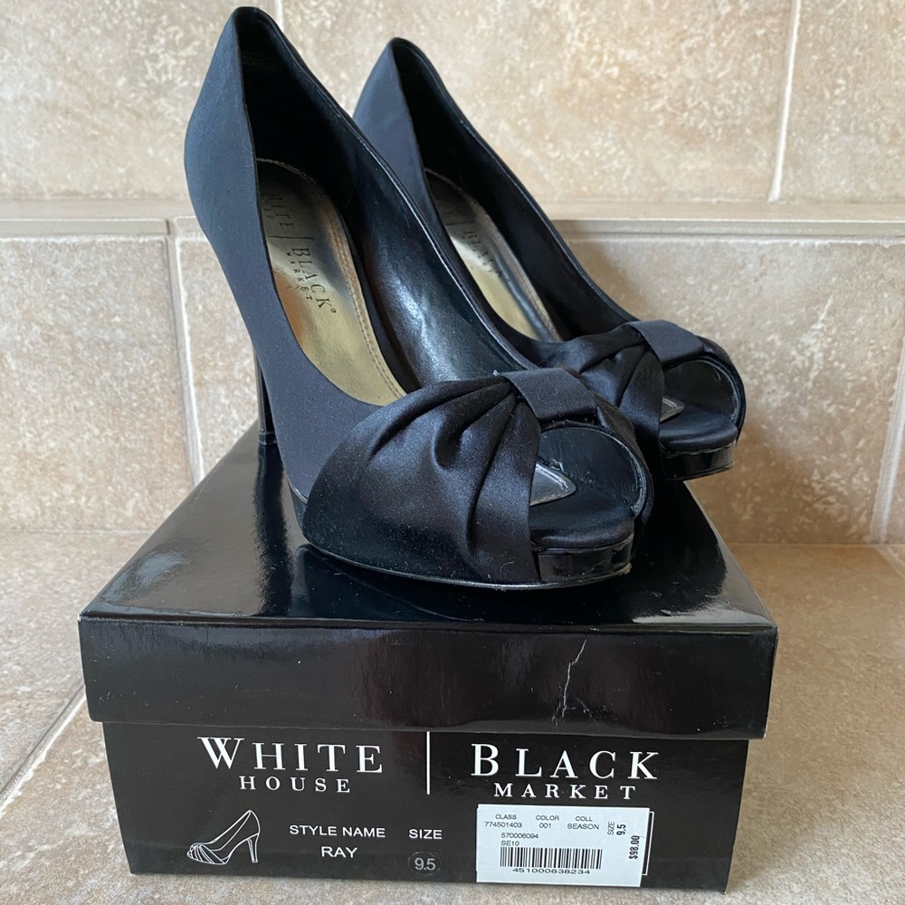 Black Satin Open Toe Platform Heel size 9.5
